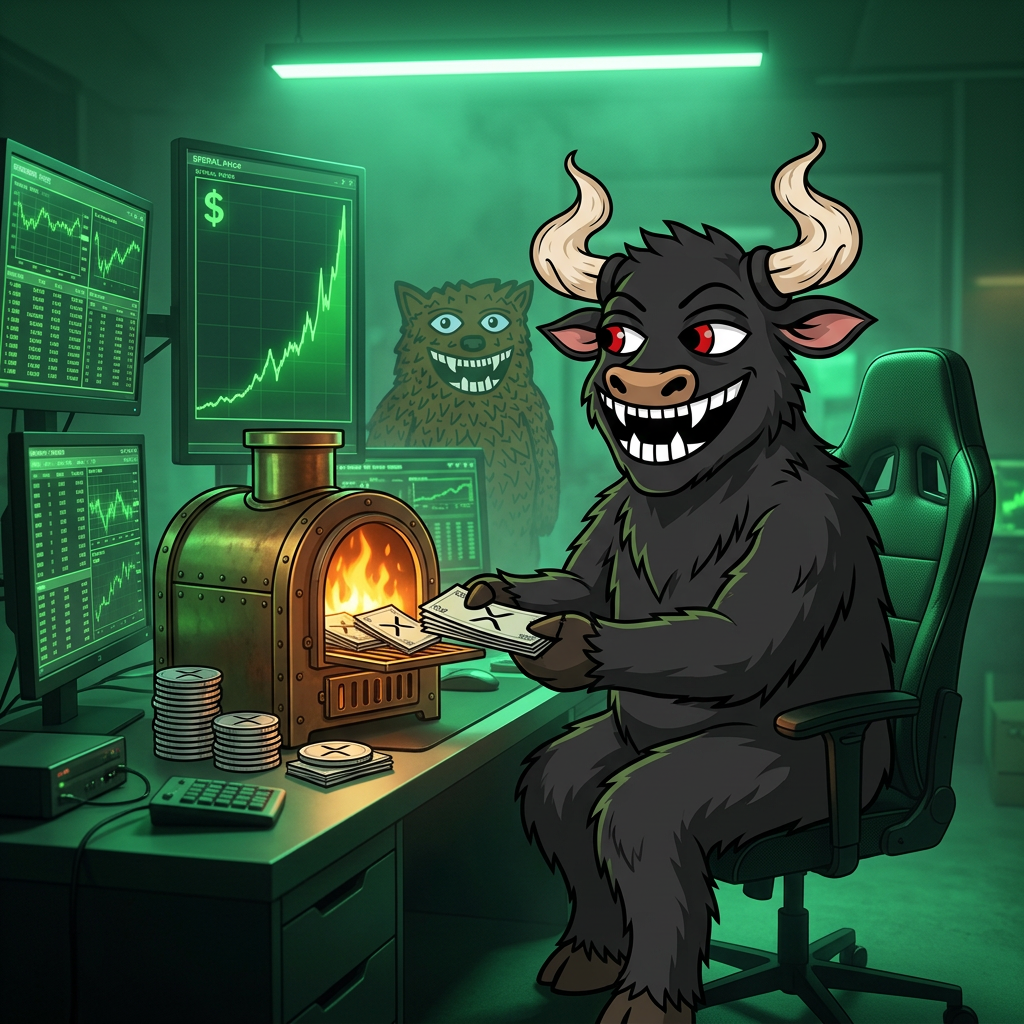Feral Bull burning supply at a trading desk