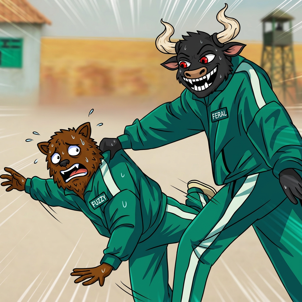 Feral Bull shoving a fuzzy bear in a Squid Game style tracksuit