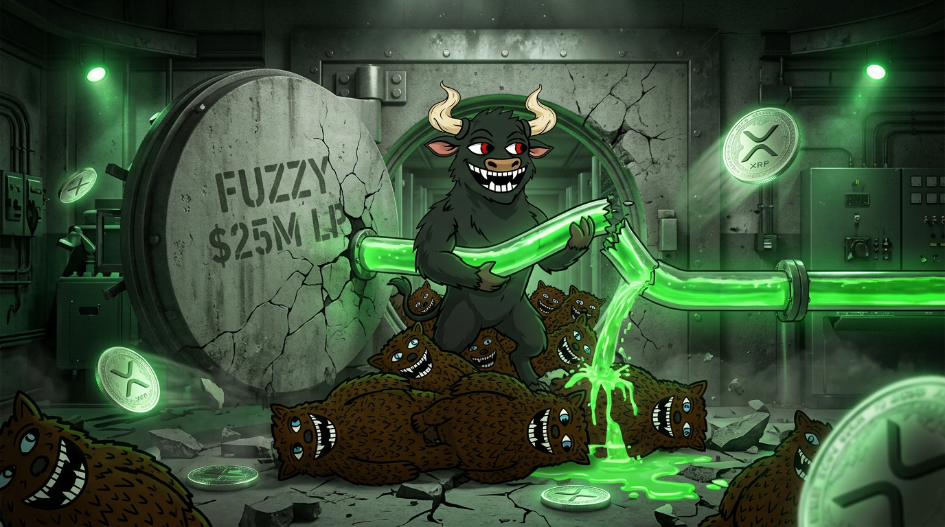 Feral Bull tearing a glowing green liquidity pipeline out of the cracked FUZZY vault