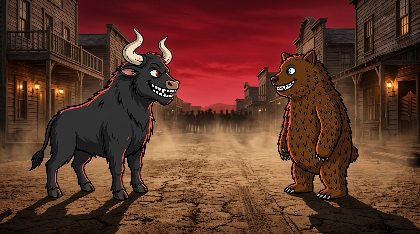 Feral Bull and the fuzzy bear squaring off on a dusty street at dusk
